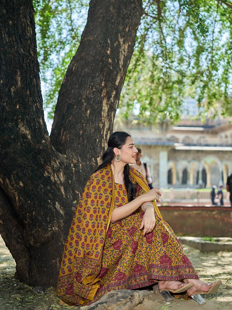 mustard cotton kalidaar style kurta pant dupatta set