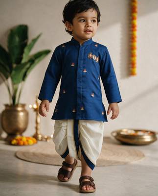 Boys cotton silk kurta dhoti set - blue onam traditional ethnic wear with zardozi & zari embroidery 1