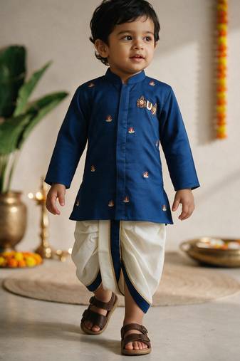 Boys cotton silk kurta dhoti set - blue onam traditional ethnic wear with zardozi & zari embroidery
