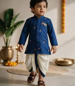 Boys cotton silk kurta dhoti set - blue onam traditional ethnic wear with zardozi & zari embroidery