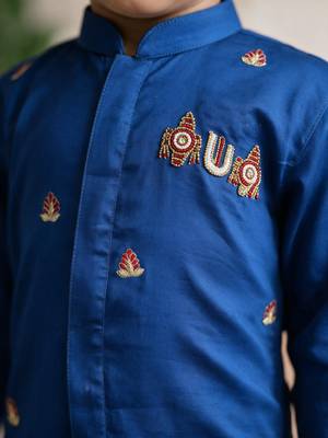 Boys cotton silk kurta dhoti set - blue onam traditional ethnic wear with zardozi & zari embroidery 2