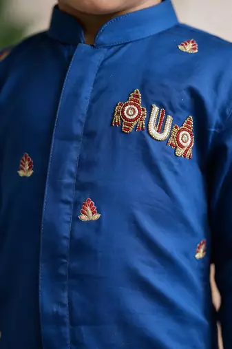 Boys cotton silk kurta dhoti set - blue onam traditional ethnic wear with zardozi & zari embroidery