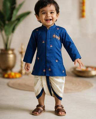 Boys cotton silk kurta dhoti set - blue onam traditional ethnic wear with zardozi & zari embroidery 3