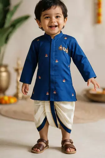 Boys cotton silk kurta dhoti set - blue onam traditional ethnic wear with zardozi & zari embroidery