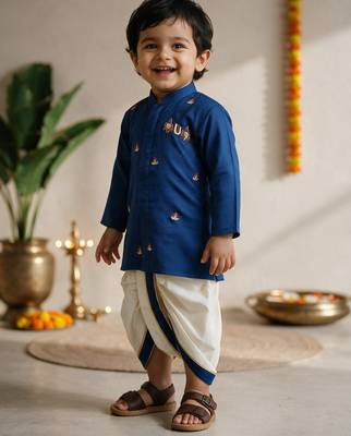 Boys cotton silk kurta dhoti set - blue onam traditional ethnic wear with zardozi & zari embroidery 4