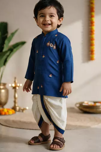 Boys cotton silk kurta dhoti set - blue onam traditional ethnic wear with zardozi & zari embroidery