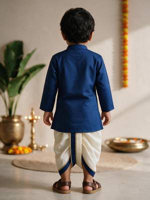 Boys cotton silk kurta dhoti set - blue onam traditional ethnic wear with zardozi & zari embroidery 5