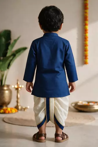 Boys cotton silk kurta dhoti set - blue onam traditional ethnic wear with zardozi & zari embroidery