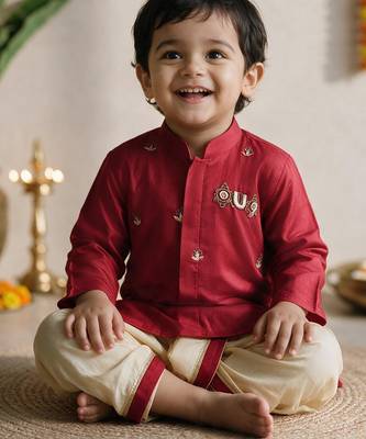 Boys cotton silk kurta dhoti set - red onam traditional ethnic wear with zardozi & zari embroidery 2