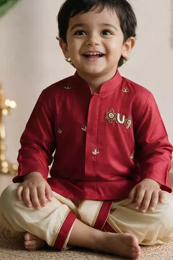 Boys cotton silk kurta dhoti set - red onam traditional ethnic wear with zardozi & zari embroidery