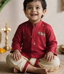 Boys cotton silk kurta dhoti set - red onam traditional ethnic wear with zardozi & zari embroidery