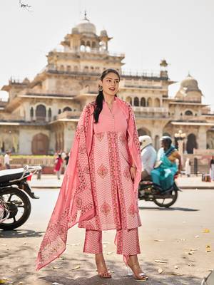 pink kantha work a-line kurta trouser dupatta set 1