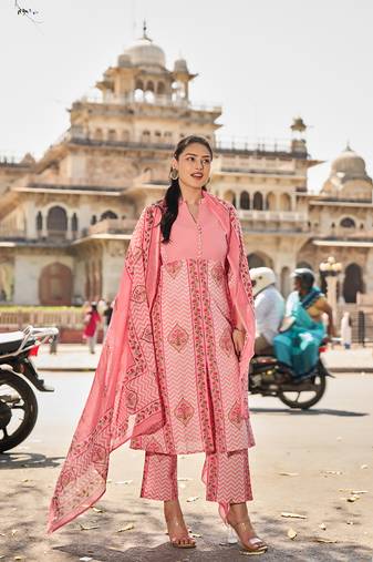 pink kantha work a-line kurta trouser dupatta set