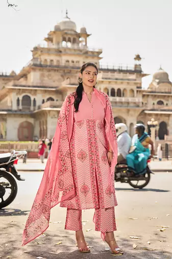pink kantha work a-line kurta trouser dupatta set