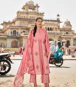 pink kantha work a-line kurta trouser dupatta set