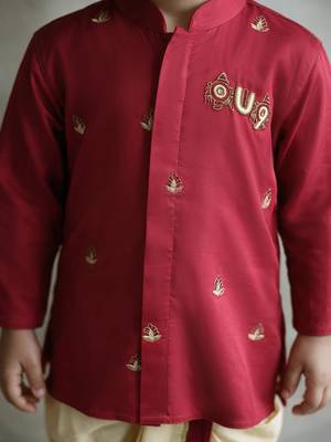 Boys cotton silk kurta dhoti set - red onam traditional ethnic wear with zardozi & zari embroidery 3