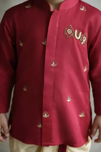 Boys cotton silk kurta dhoti set - red onam traditional ethnic wear with zardozi & zari embroidery