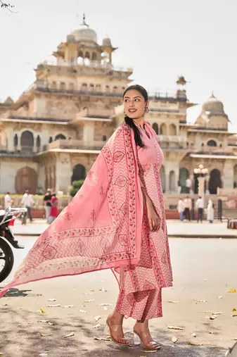 pink kantha work a-line kurta trouser dupatta set