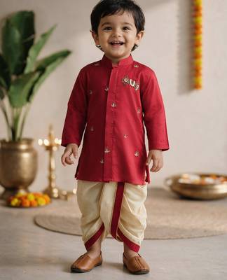 Boys cotton silk kurta dhoti set - red onam traditional ethnic wear with zardozi & zari embroidery 1