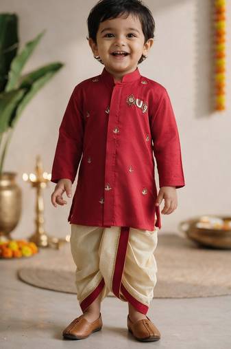 Boys cotton silk kurta dhoti set - red onam traditional ethnic wear with zardozi & zari embroidery