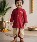 Boys cotton silk kurta dhoti set - red onam traditional ethnic wear with zardozi & zari embroidery