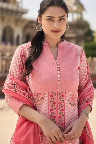 pink kantha work a-line kurta trouser dupatta set