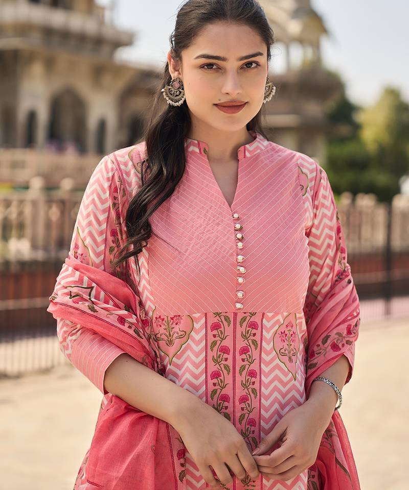 pink kantha work a-line kurta trouser dupatta set