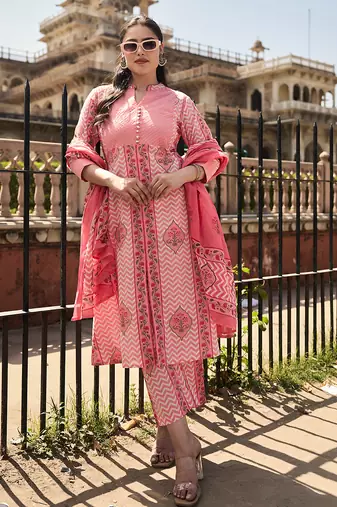 pink kantha work a-line kurta trouser dupatta set
