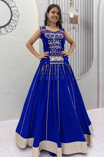 Blue Color lampi bordar & ribbon work Cotton Navratri Lahenga Choli