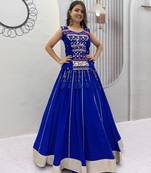 Blue Color lampi bordar & ribbon work Cotton Navratri Lahenga Choli