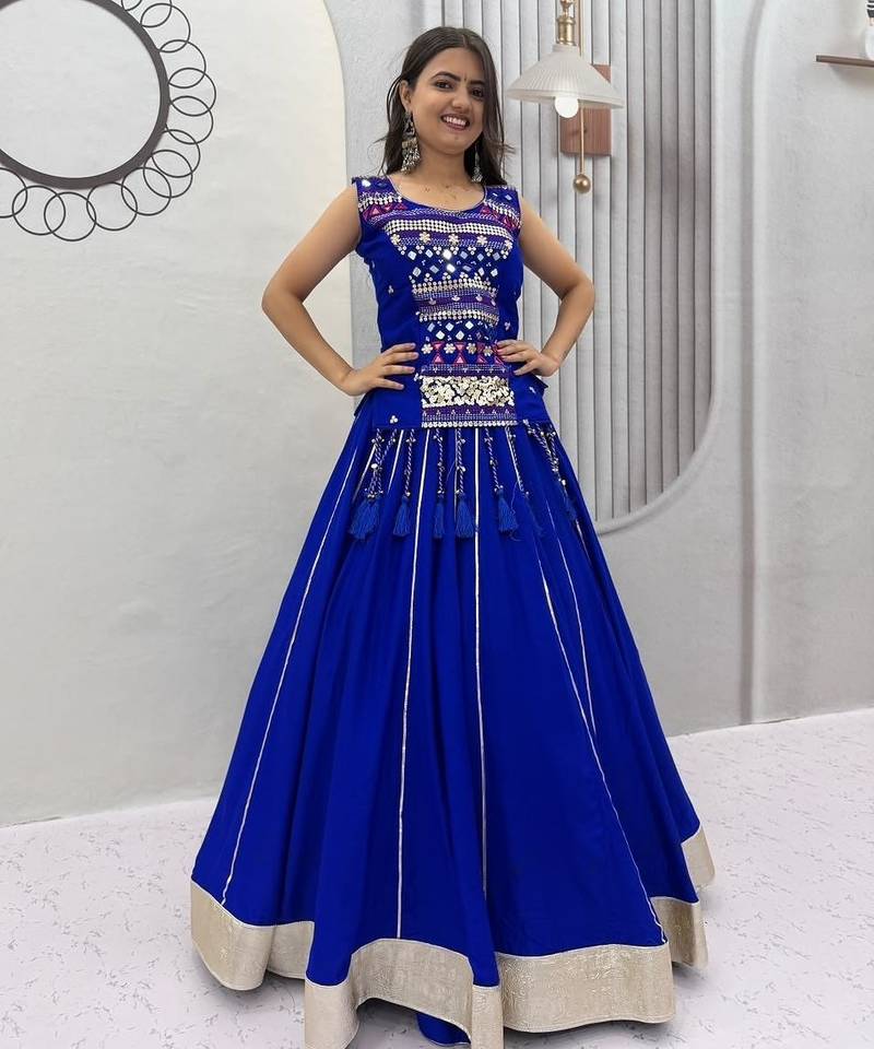 Blue Color lampi bordar & ribbon work Cotton Navratri Lahenga Choli