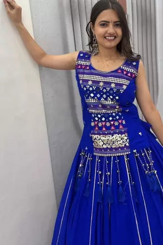 Blue Color lampi bordar & ribbon work Cotton Navratri Lahenga Choli