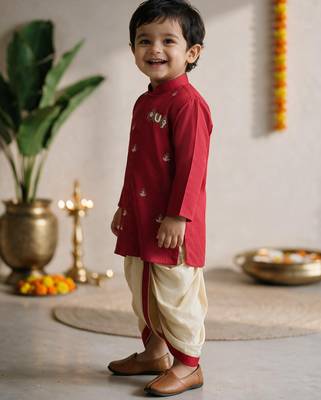Boys cotton silk kurta dhoti set - red onam traditional ethnic wear with zardozi & zari embroidery 4