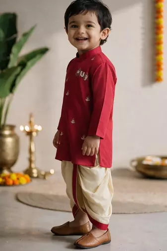 Boys cotton silk kurta dhoti set - red onam traditional ethnic wear with zardozi & zari embroidery