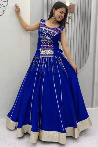 Blue Color lampi bordar & ribbon work Cotton Navratri Lahenga Choli