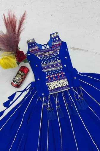 Blue Color lampi bordar & ribbon work Cotton Navratri Lahenga Choli