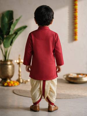 Boys cotton silk kurta dhoti set - red onam traditional ethnic wear with zardozi & zari embroidery 5