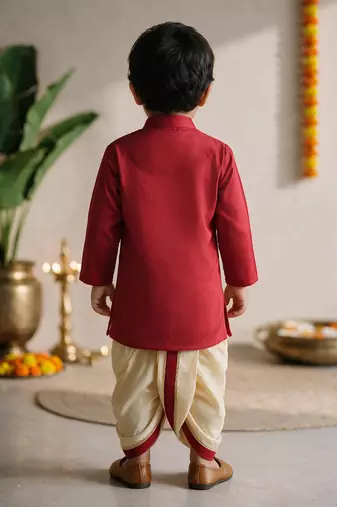 Boys cotton silk kurta dhoti set - red onam traditional ethnic wear with zardozi & zari embroidery