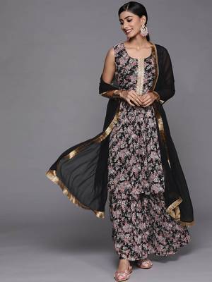 Floral Printed Pleated Gotta Patti Kurta with Sharara & Dupatta 1