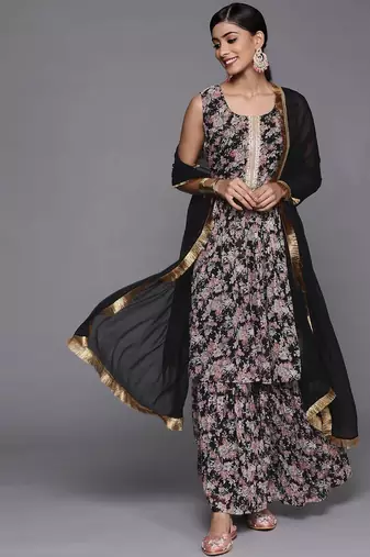 Floral Printed Pleated Gotta Patti Kurta with Sharara & Dupatta