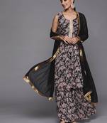 Floral Printed Pleated Gotta Patti Kurta with Sharara & Dupatta