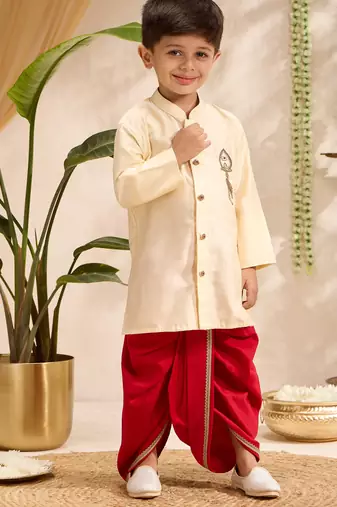 Boys gold cotton silk zardozi embroidery kurta dhoti set