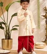 Boys gold cotton silk zardozi embroidery kurta dhoti set