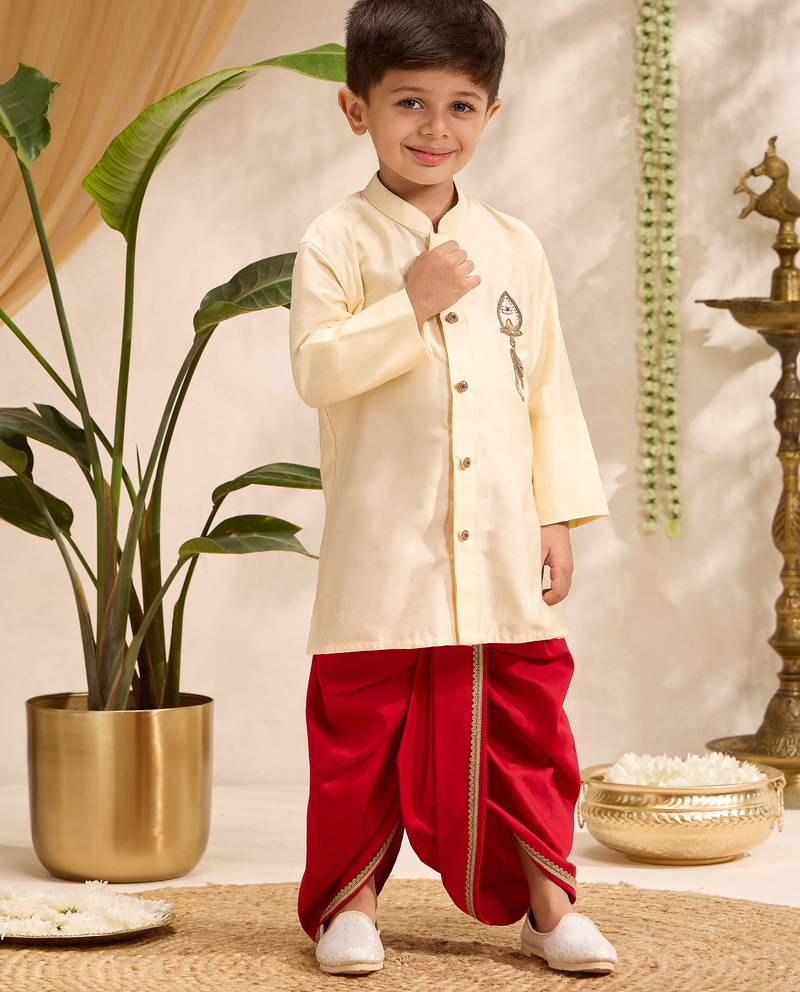 Boys gold cotton silk zardozi embroidery kurta dhoti set