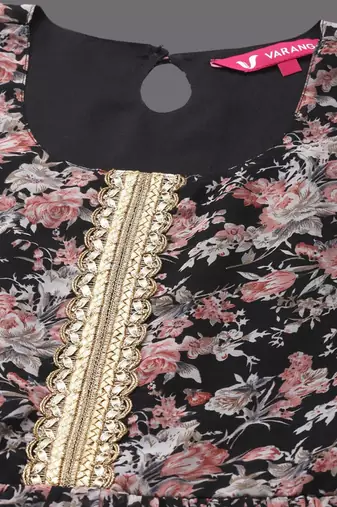 Floral Printed Pleated Gotta Patti Kurta with Sharara & Dupatta
