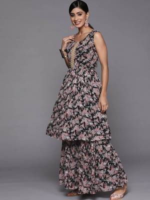 Floral Printed Pleated Gotta Patti Kurta with Sharara & Dupatta 4