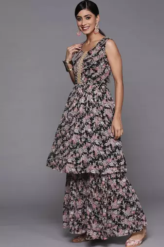 Floral Printed Pleated Gotta Patti Kurta with Sharara & Dupatta