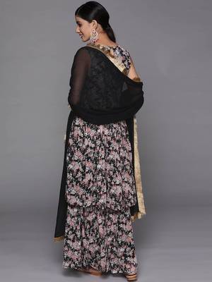 Floral Printed Pleated Gotta Patti Kurta with Sharara & Dupatta 5