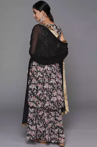 Floral Printed Pleated Gotta Patti Kurta with Sharara & Dupatta