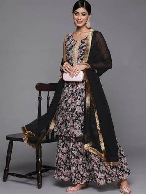 Floral Printed Pleated Gotta Patti Kurta with Sharara & Dupatta 6